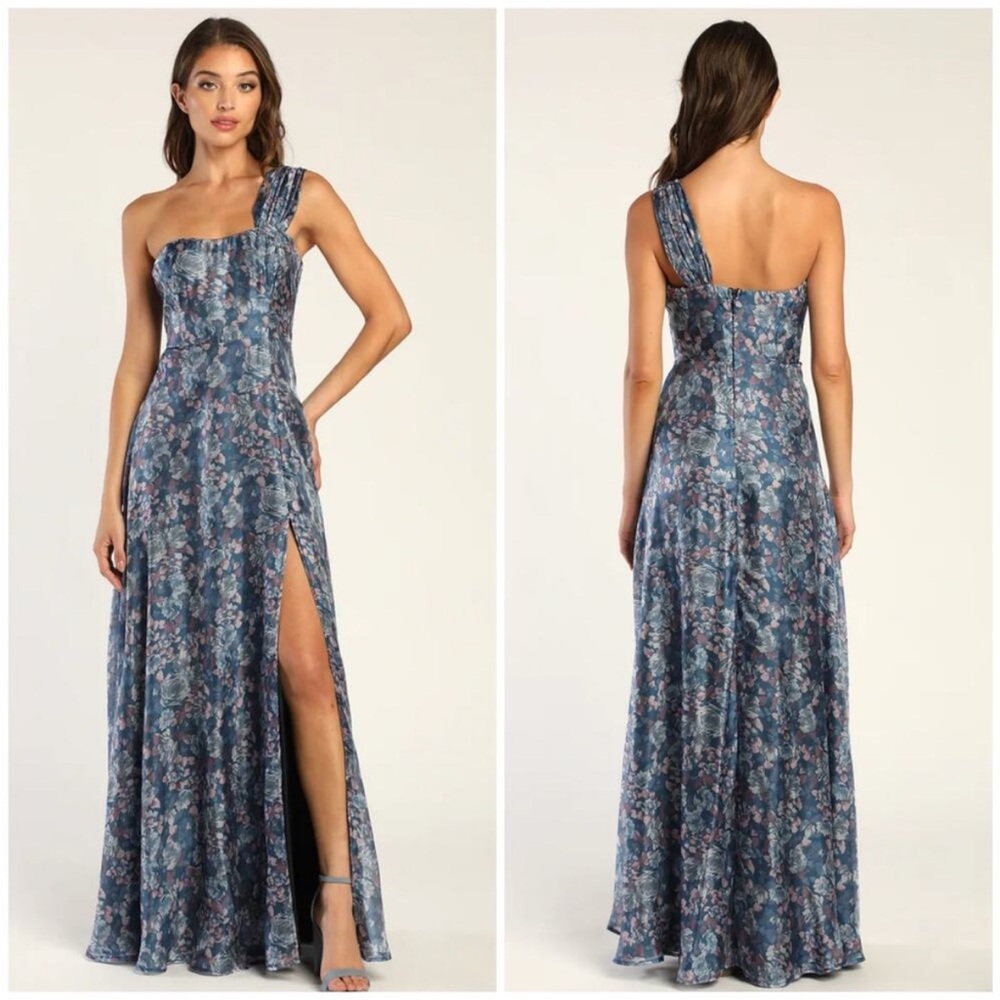 Lulus Happily Mine Slate Blue Floral Print One Shoulder Maxi Dress S